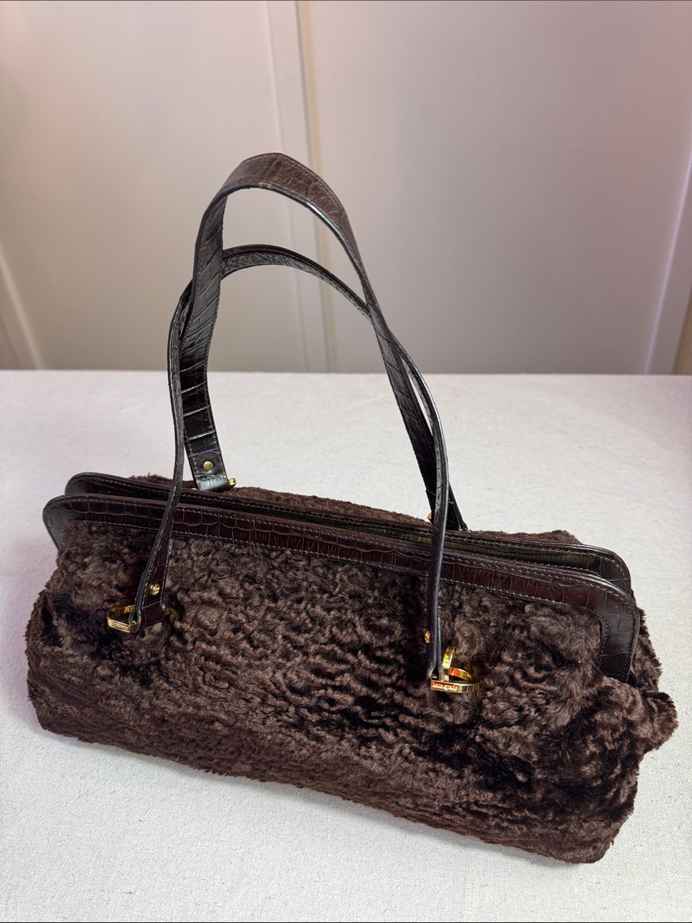 Kate Spade Vintage Rare Faux-Lamb Fur Medicine Doctor Satchel Tote.